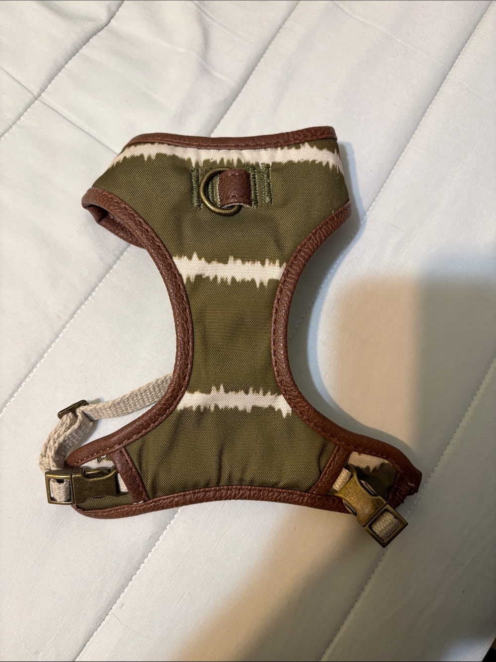 Top Paw Olive Green and White Stripe Dog Harness with Brown Trim